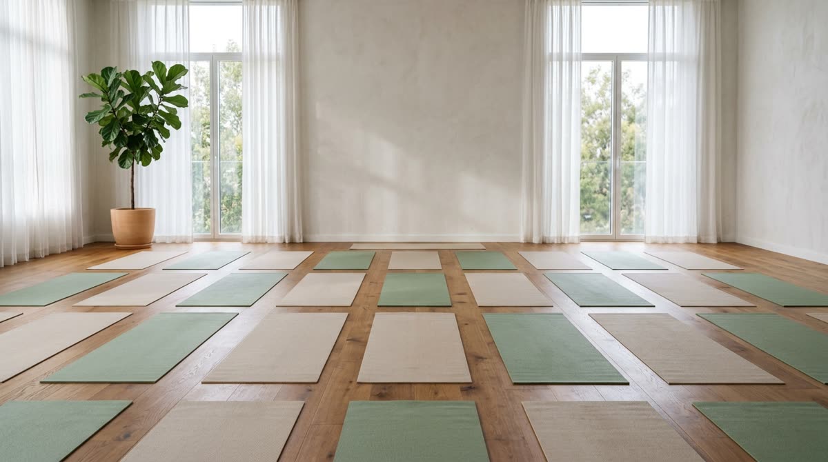 A bright yoga studio with mats laid out in rows on a wood floor beside curtained windows.