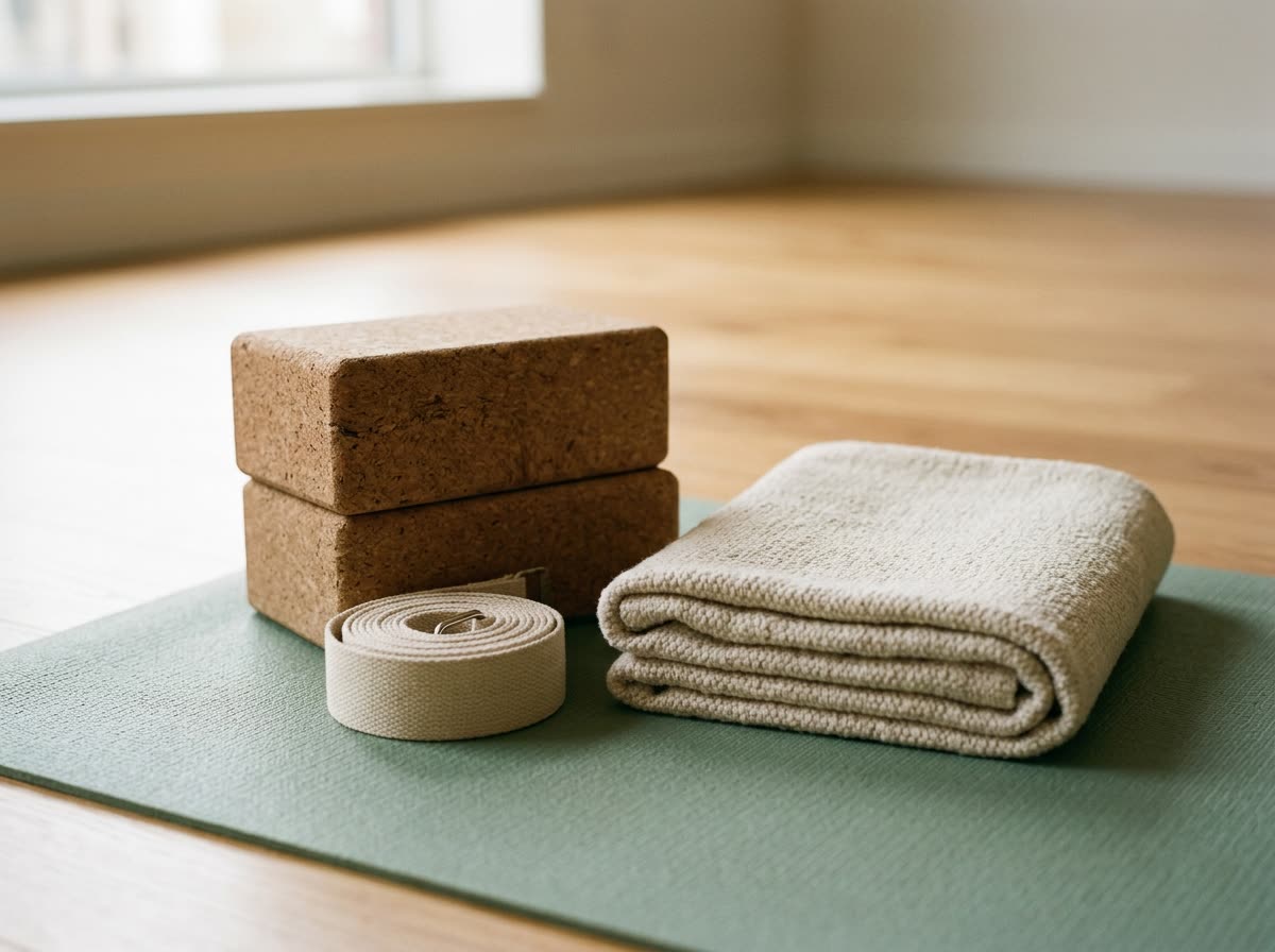 Two cork blocks, a coiled cotton strap and a folded blanket on the corner of a yoga mat.