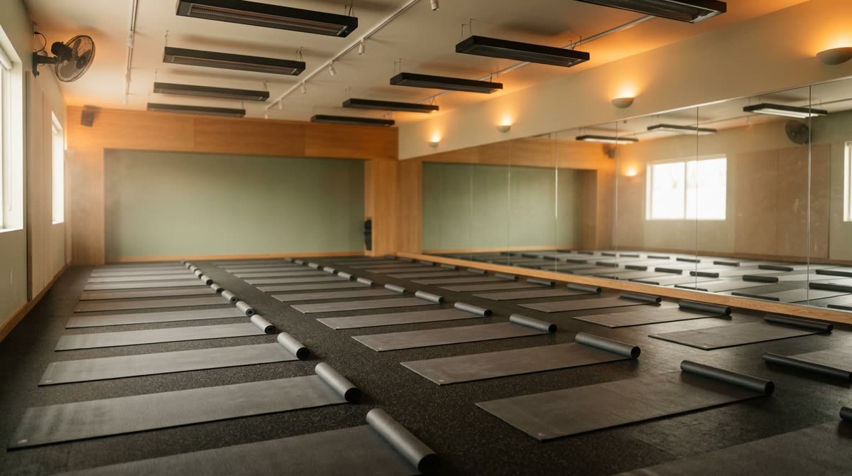 A heated studio with dark flooring, rows of mats, a mirrored wall and warm hazy light.