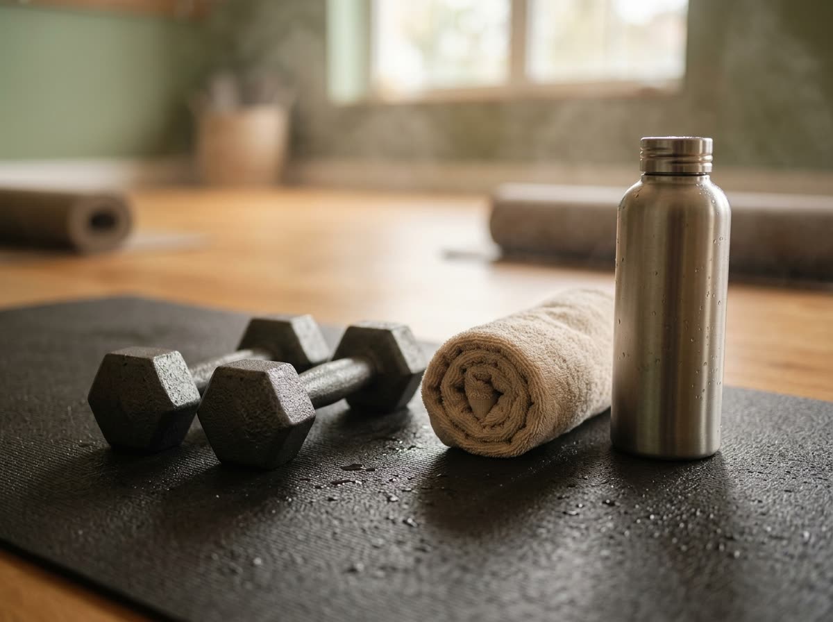 Small hand weights, a rolled towel and a steel water bottle on a mat dotted with droplets.