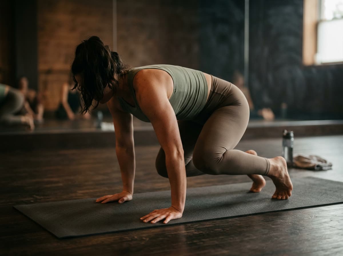 A person holds a core position on a mat in a warm studio, cropped above the shoulders.