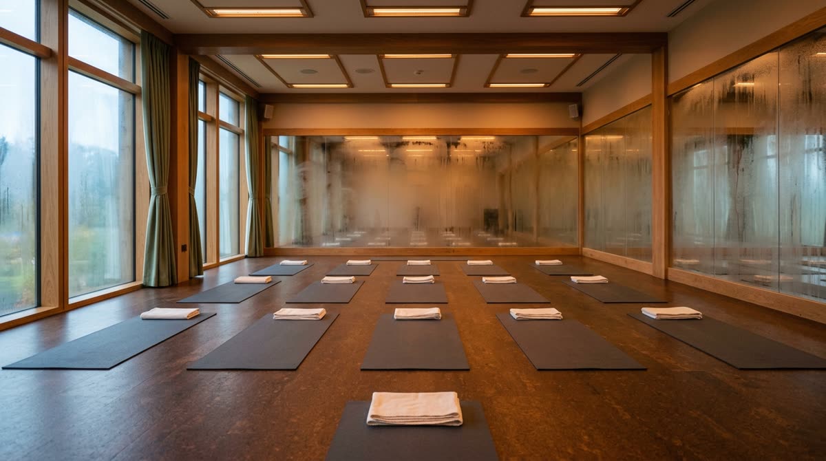 A heated yoga room with mats and folded towels on a dark floor beside a fogged mirrored wall.