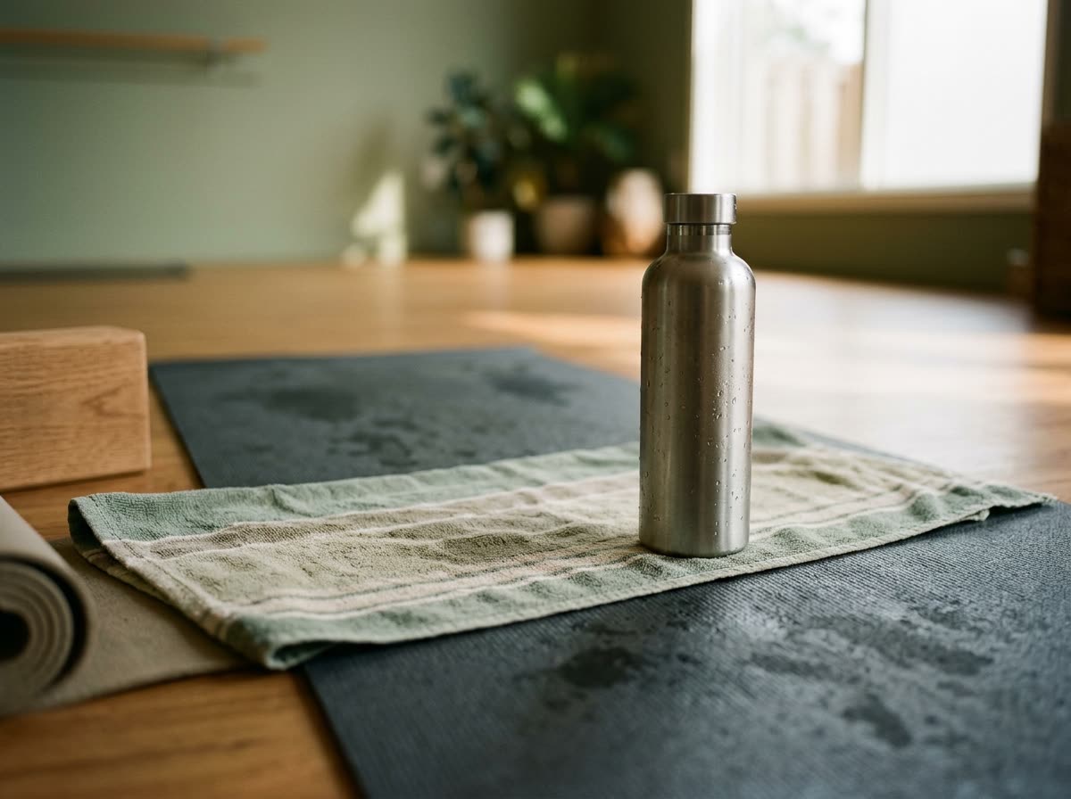 A damp striped towel over a dark yoga mat next to a steel water bottle beaded with condensation.