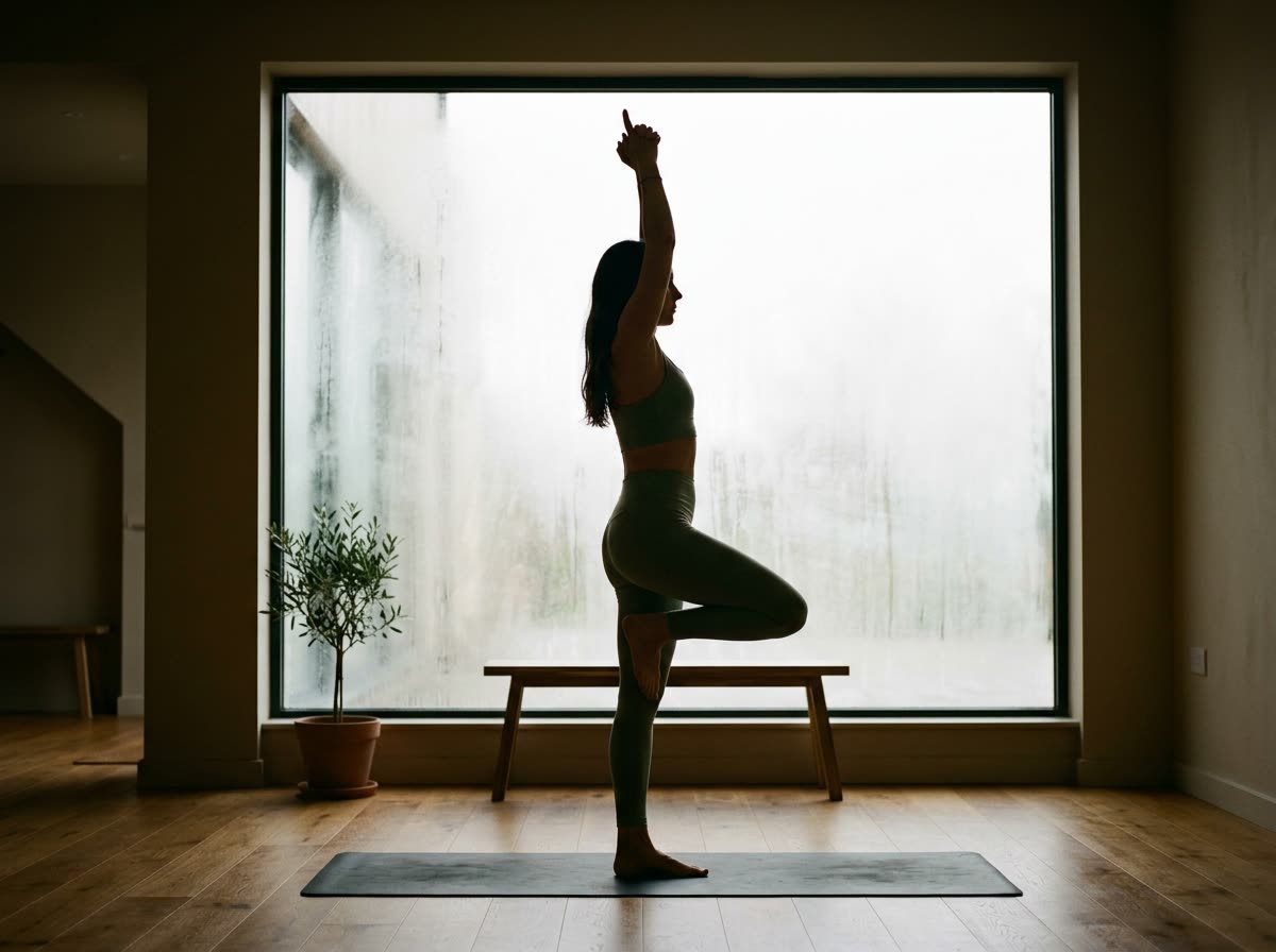 A figure in a standing balance pose silhouetted against a bright fogged studio window.