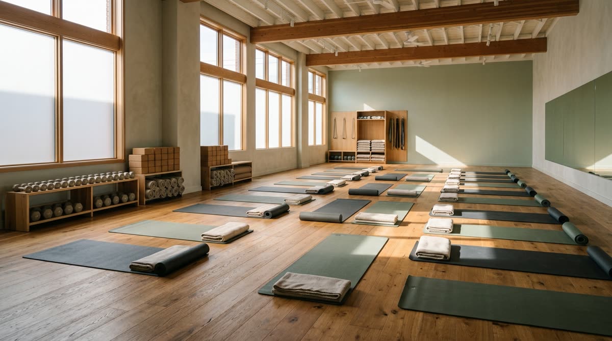 An athletic yoga studio with staggered mats, a rack of light dumbbells and strong daylight.