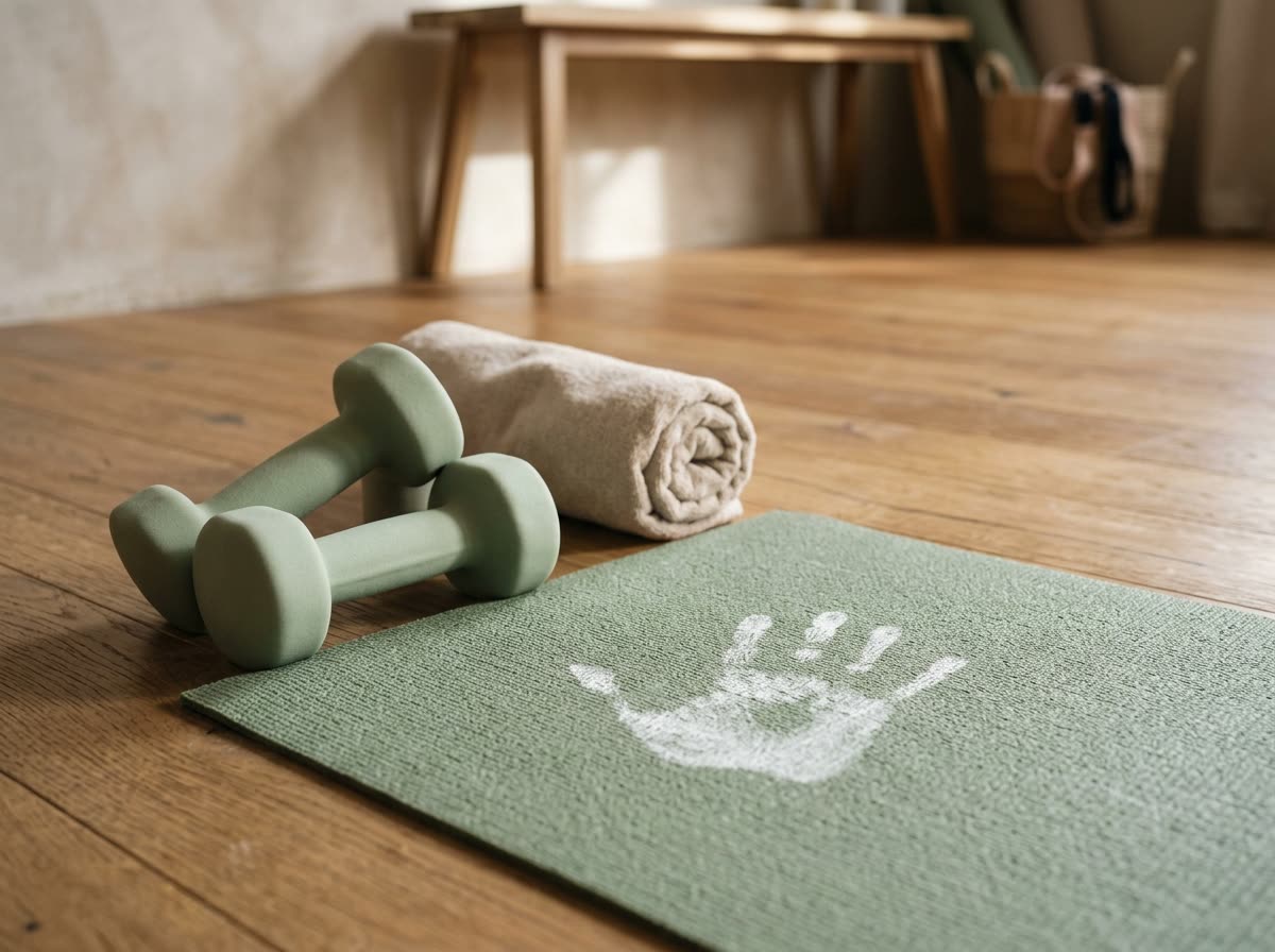Two light dumbbells on the corner of a textured yoga mat beside a rolled towel.