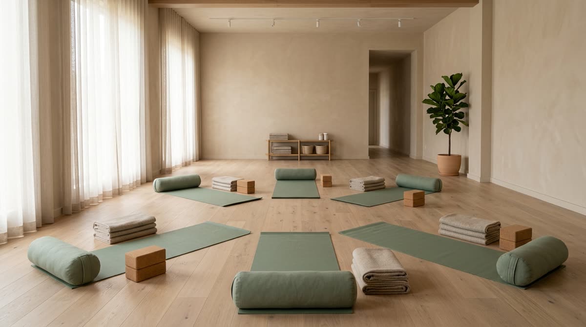 A calm studio with mats in a semicircle, each paired with a bolster and folded blankets.