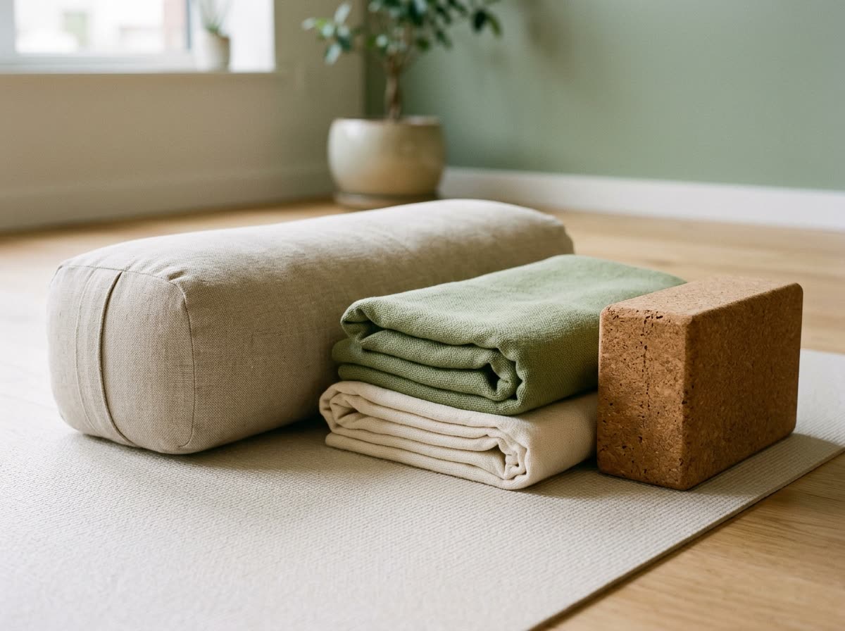 A long bolster, two folded cotton blankets and a cork block arranged on a pale yoga mat.