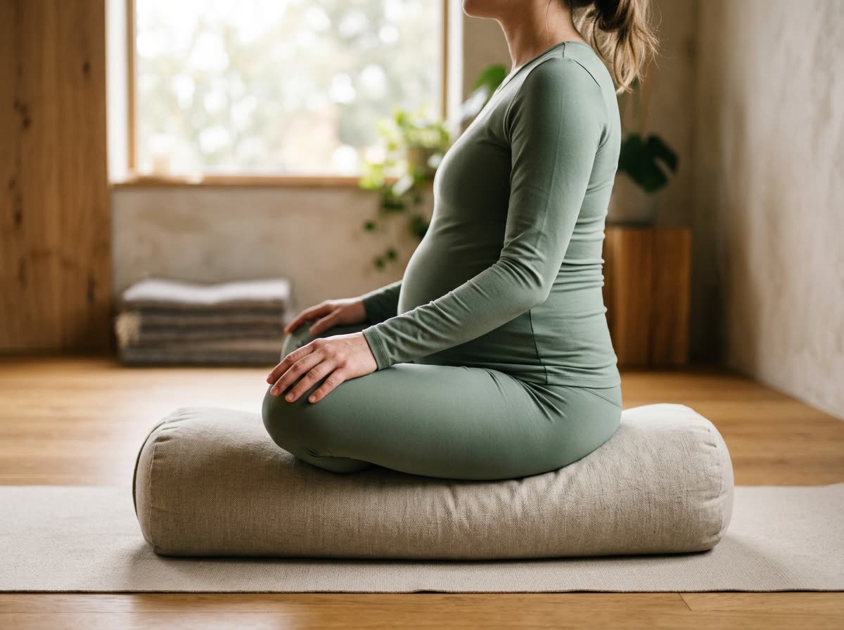 A pregnant person sits upright on a bolster with hands on knees, cropped at the shoulders.