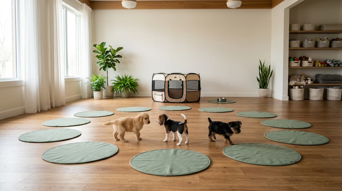 A bright studio with mats in a circle, a soft playpen and small puppies wandering between them.