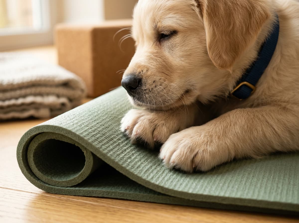 A puppy's paws and muzzle resting on the rolled edge of a green yoga mat.