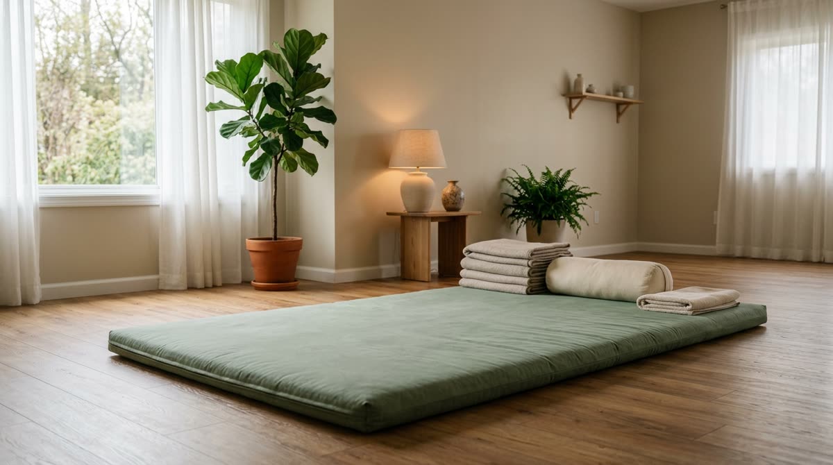 A quiet room with a wide padded floor mat, folded blankets and a bolster under soft lamplight.