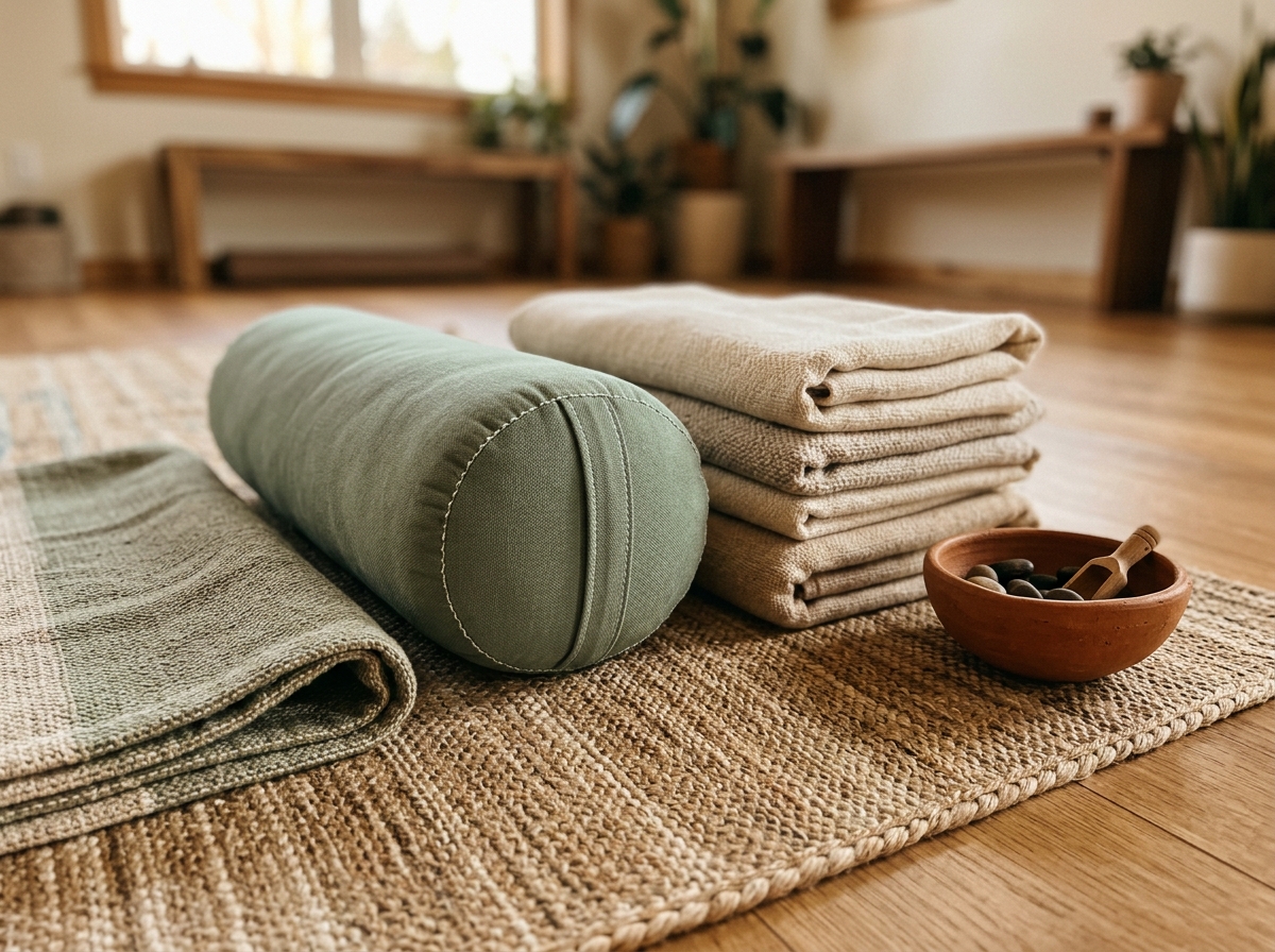 A folded cotton mat, a bolster and stacked blankets arranged on a wood floor.