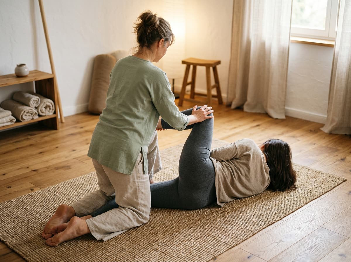 A practitioner kneels on a floor mat guiding a clothed client through an assisted leg stretch.