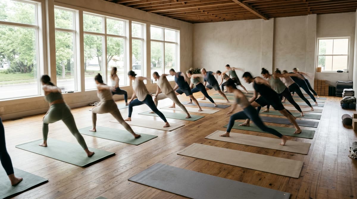 A studio seen from the back with rows of mats and blurred practitioners moving mid-class.