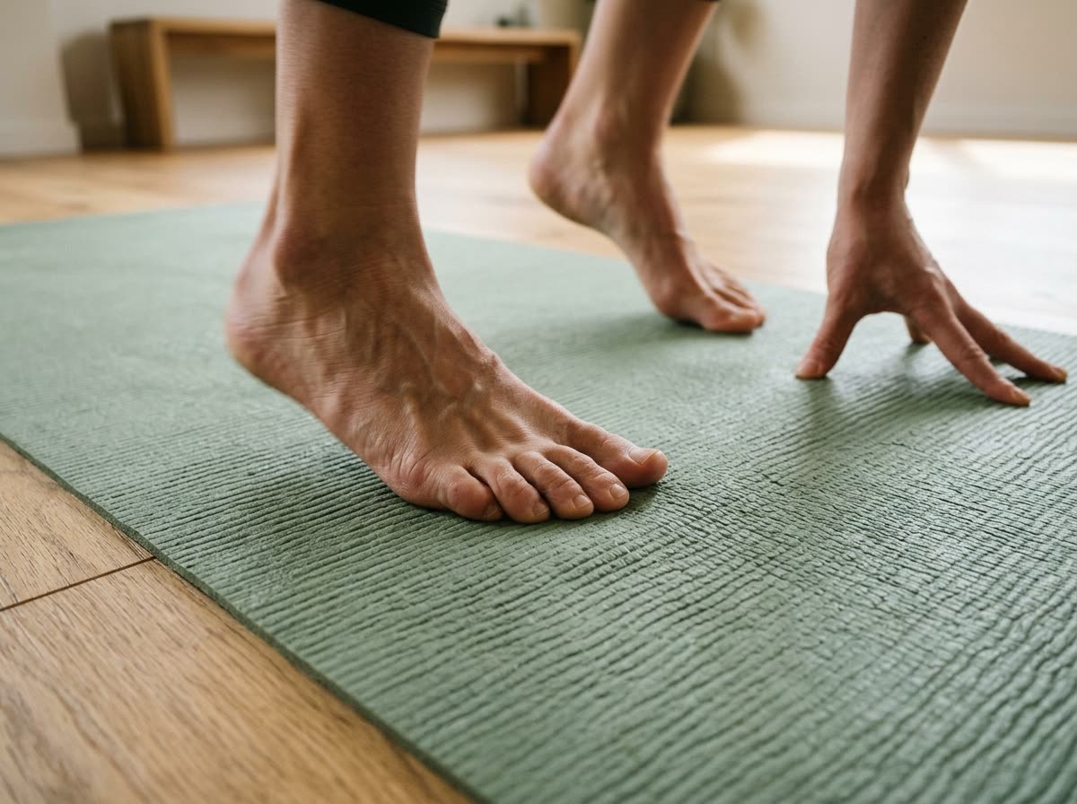 Bare feet and spread fingertips pressing into a textured yoga mat mid-transition.