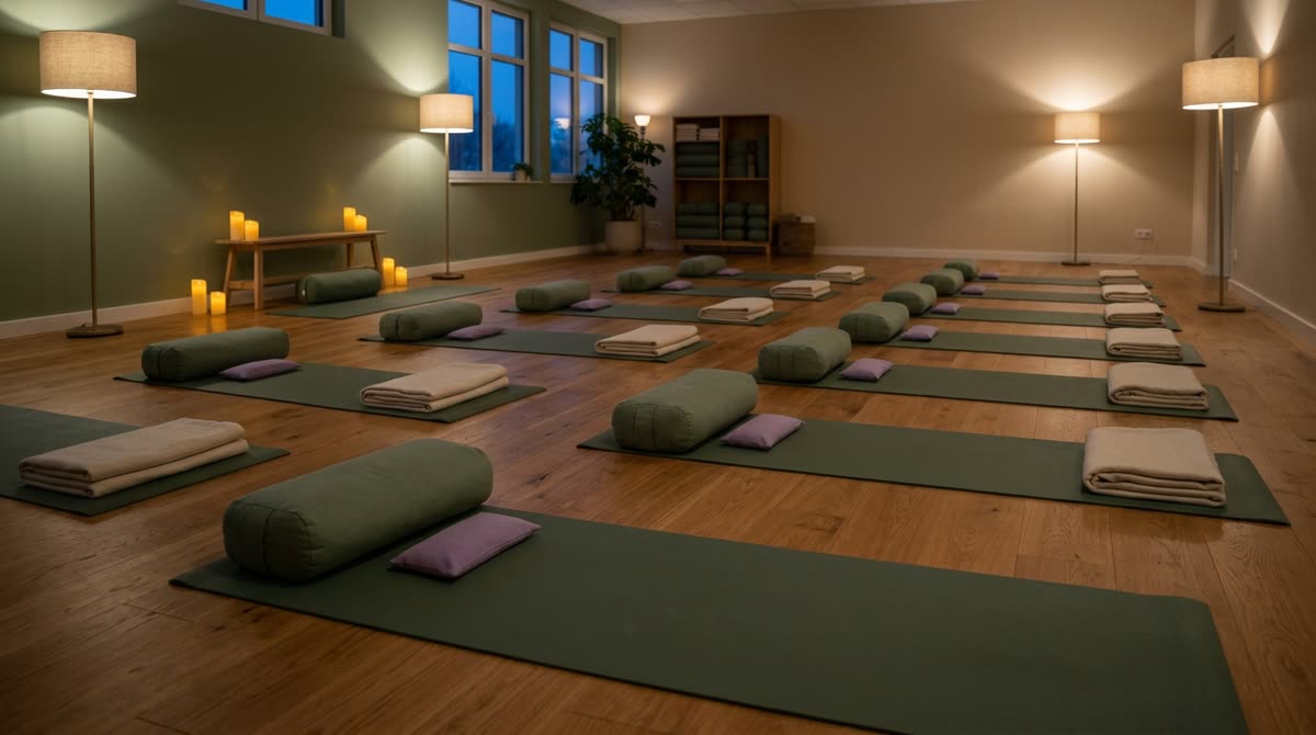 A dim studio with widely spaced mats, each set with a bolster, blanket and eye pillow.