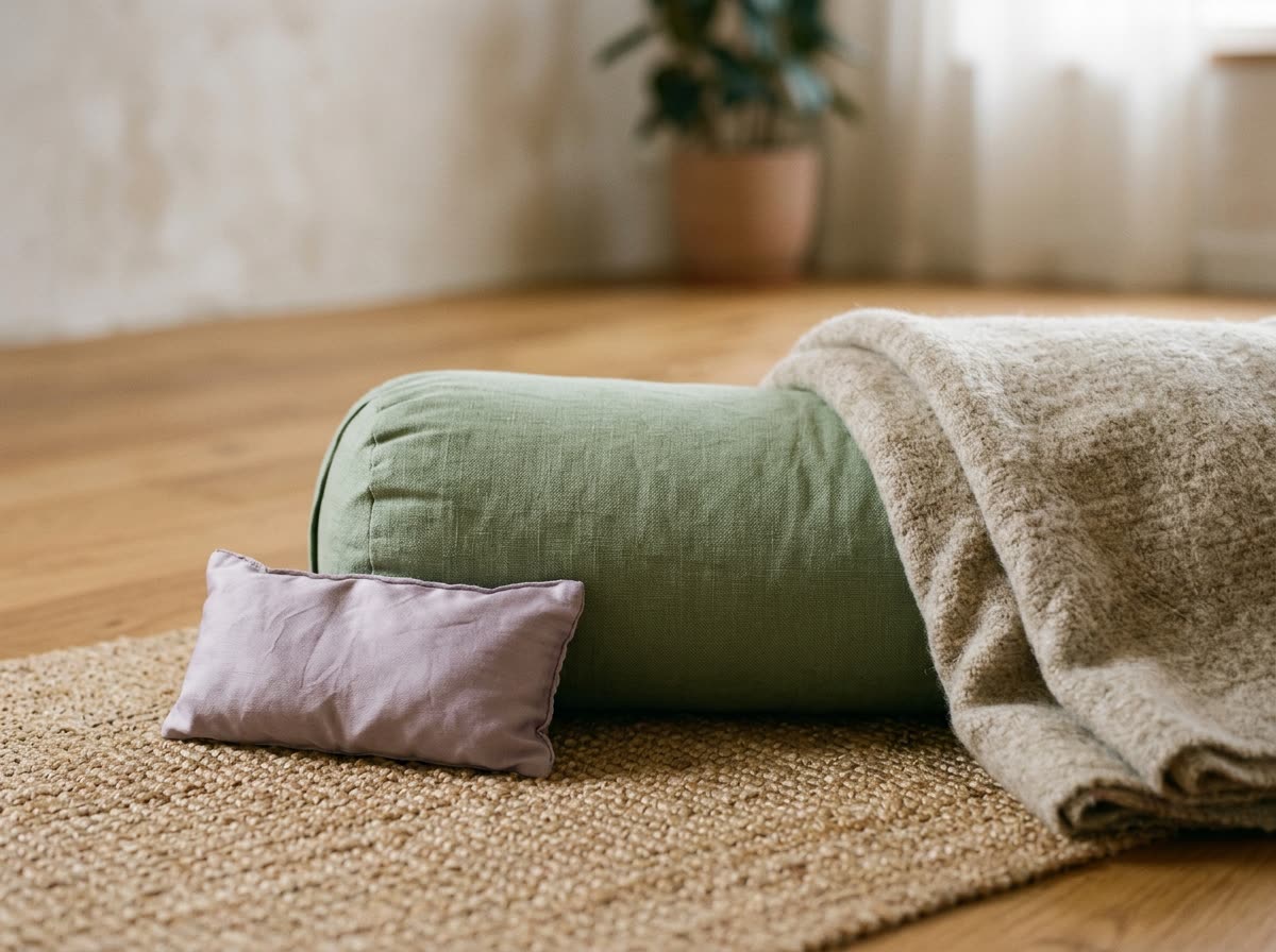 A linen bolster with a folded wool blanket and a small eye pillow on a mat in low light.