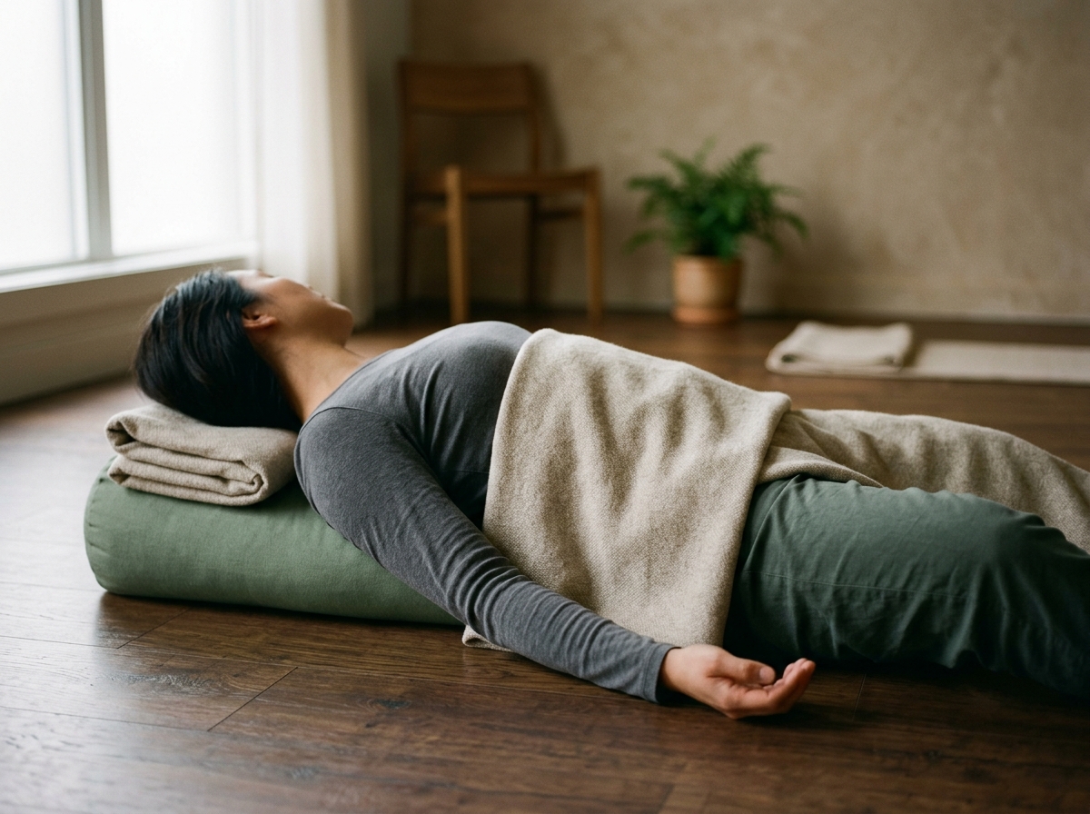 A person rests in a supported reclined pose over a bolster, head turned away from the camera.