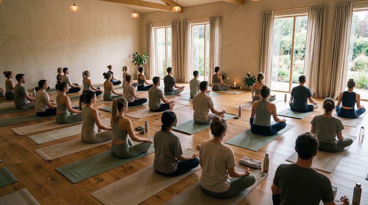 A studio seen from the back with rows of mats and a group seated cross-legged facing away.