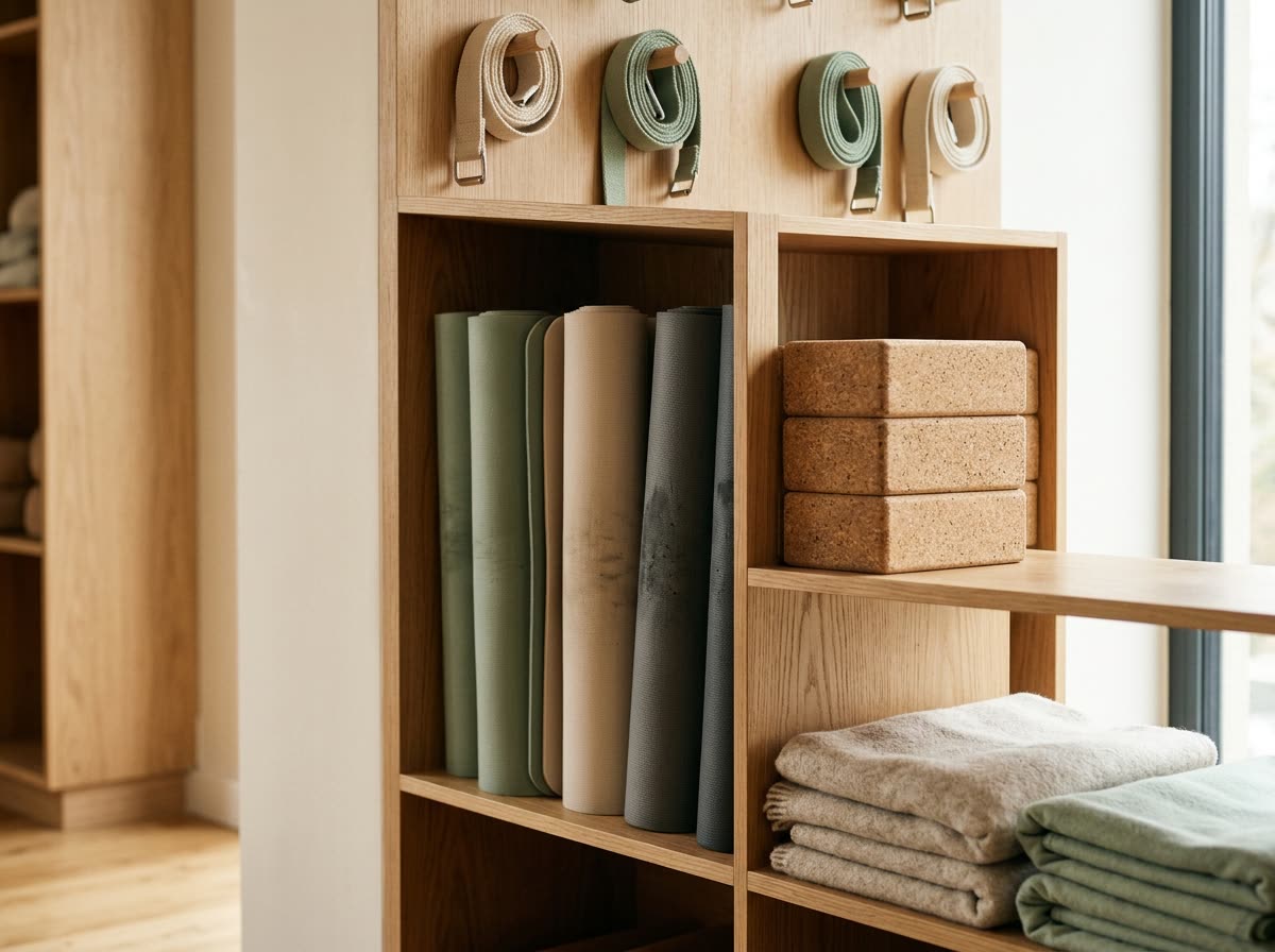 Rolled mats in an oak cubby unit beside stacked cork blocks, straps and folded blankets.